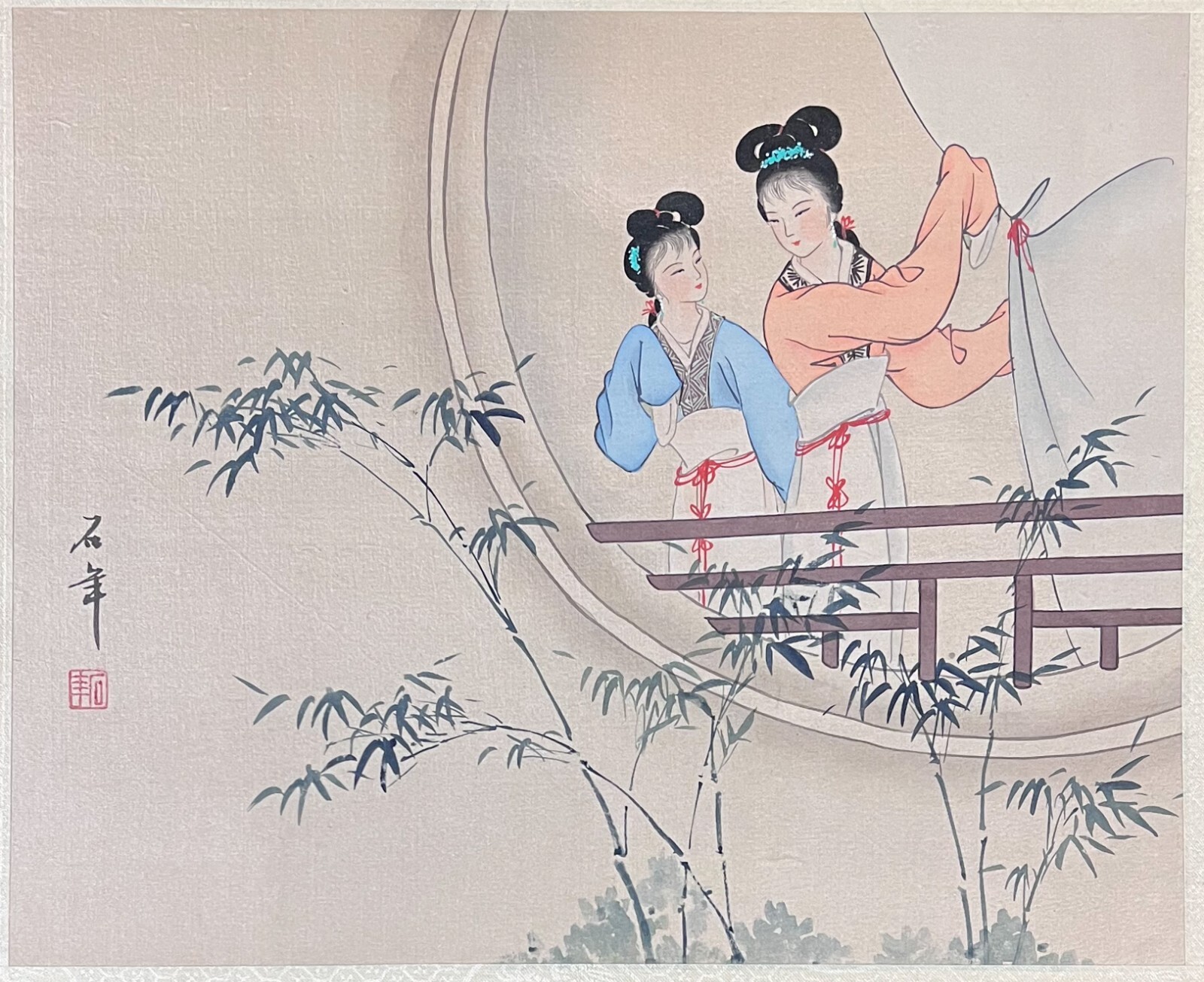 Chinese Gouache Painting on Silk women in a round window