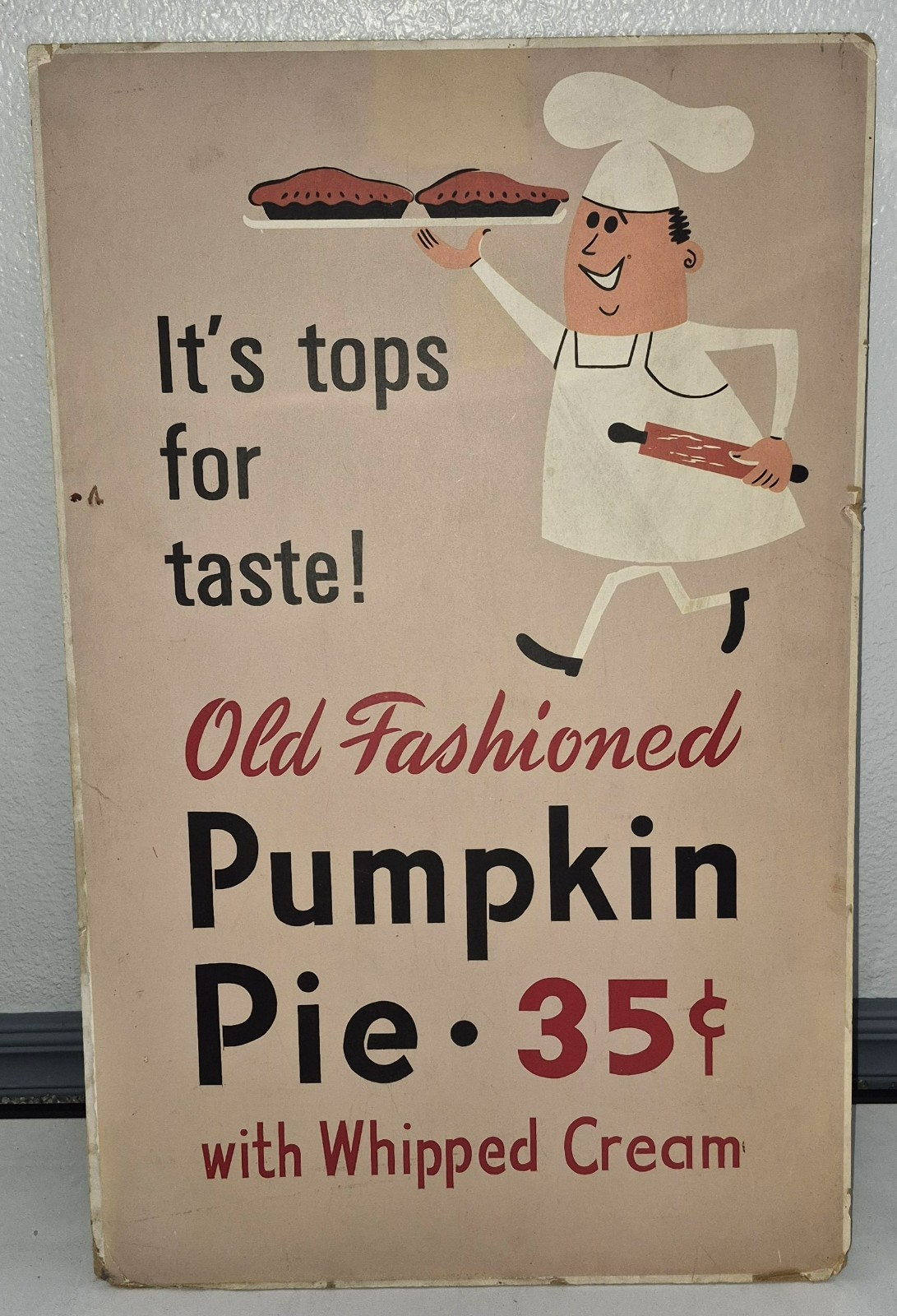 VINTAGE c. 1940-1960 ORIGINAL OLD FASHIONED PUMPKIN PIE 35c CARDBOARD SIGN vafo