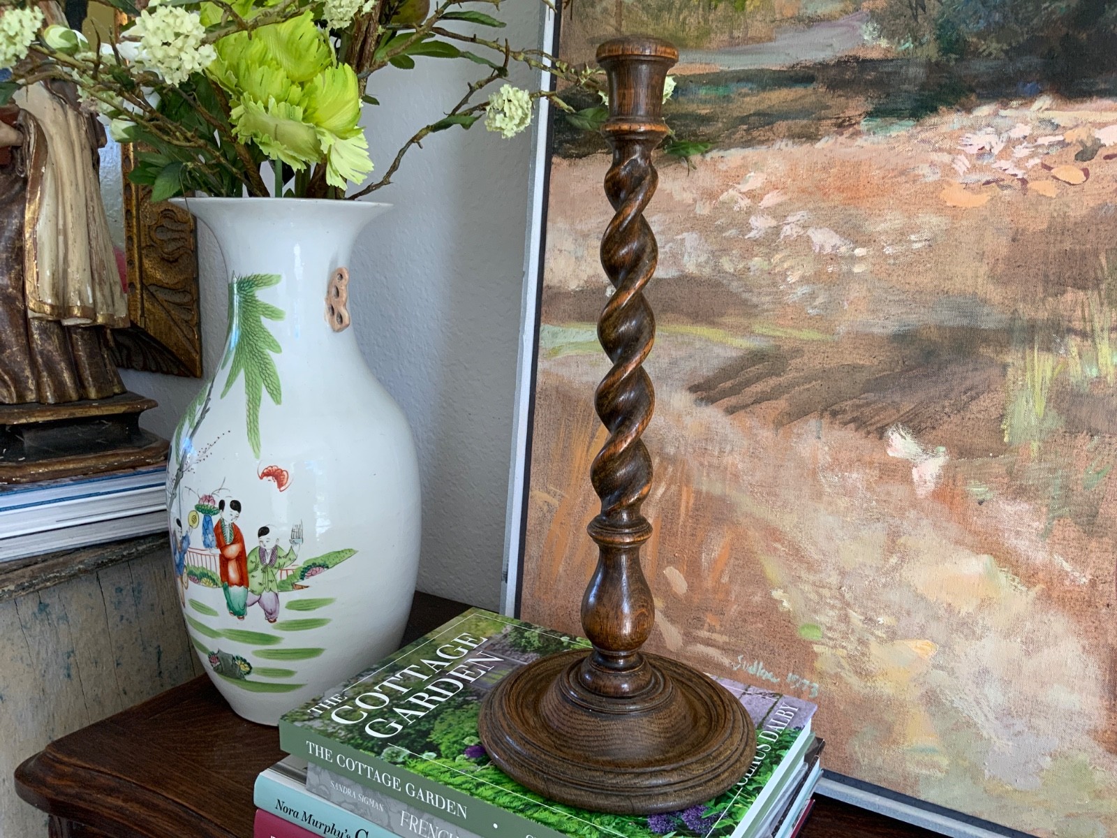 English Victorian Barley Twist Wooden Candlestick Lamp Stick Repair 16 1/2”