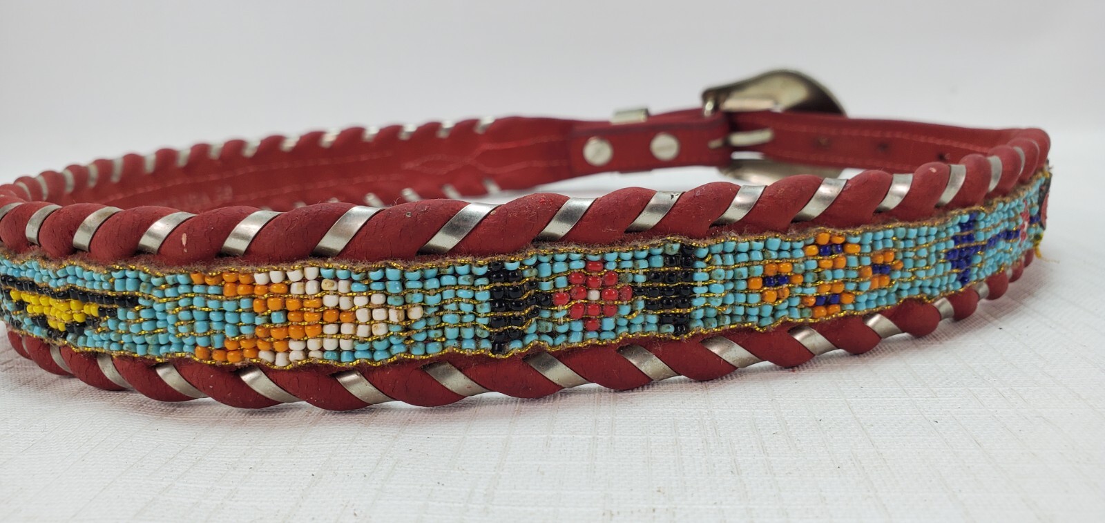 34+” Native American Beaded Red Leather Belt AL BERES Wages German Silver Buckle