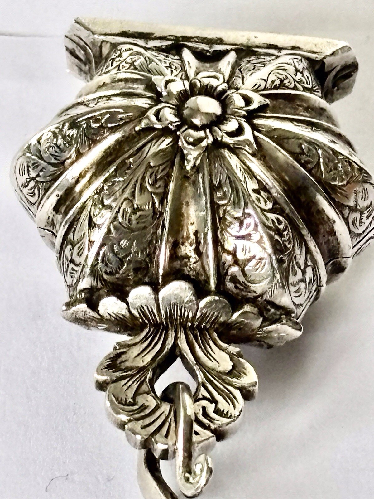 Antique Silver/ White Metal Chatelaine with Vinaigrette and 5 Hanging Tools