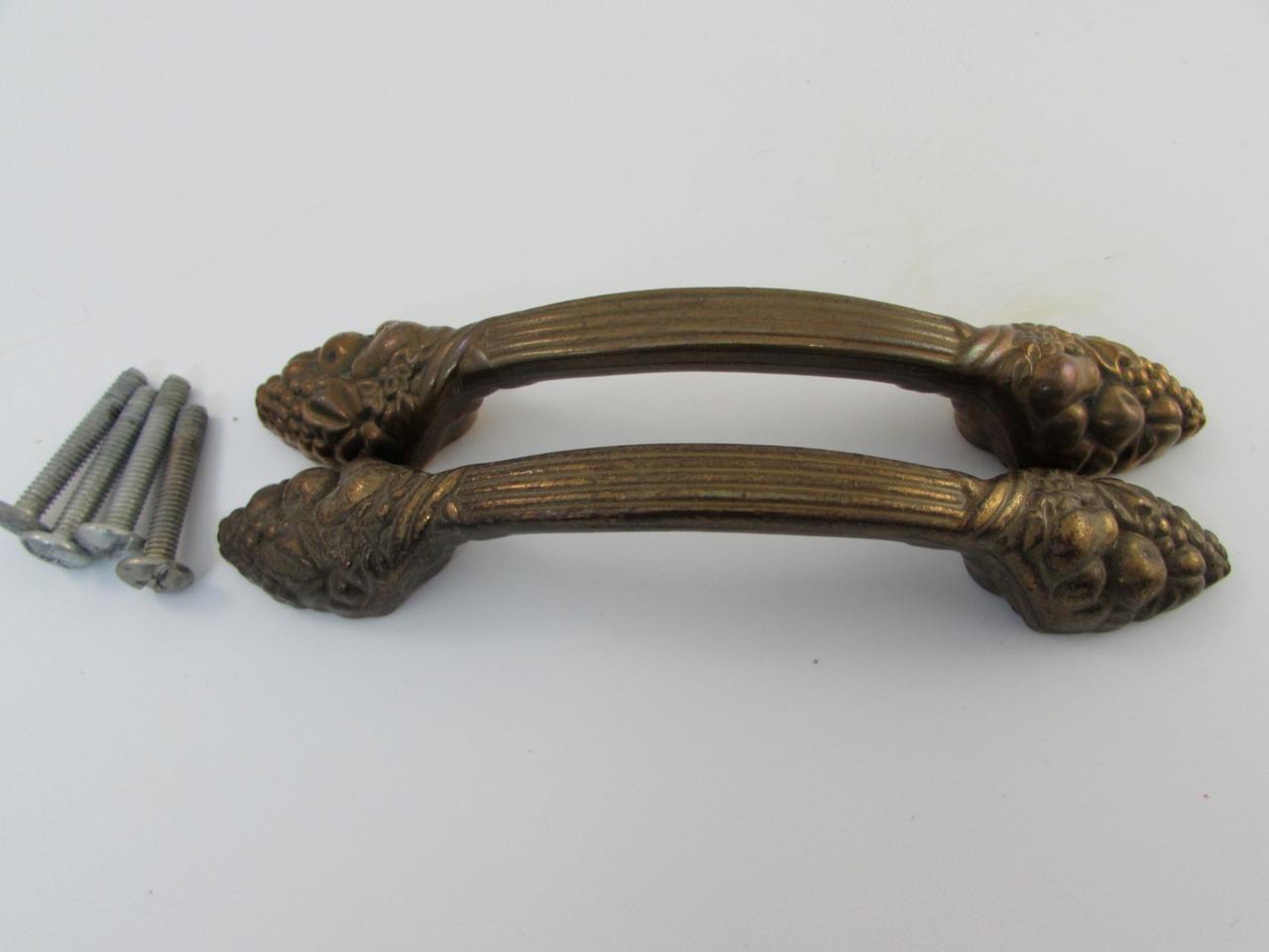 2 VINTAGE BRASS CABINET DRAWER PULLS 3″ FRUIT CLUSTER apple pear grapes #1335