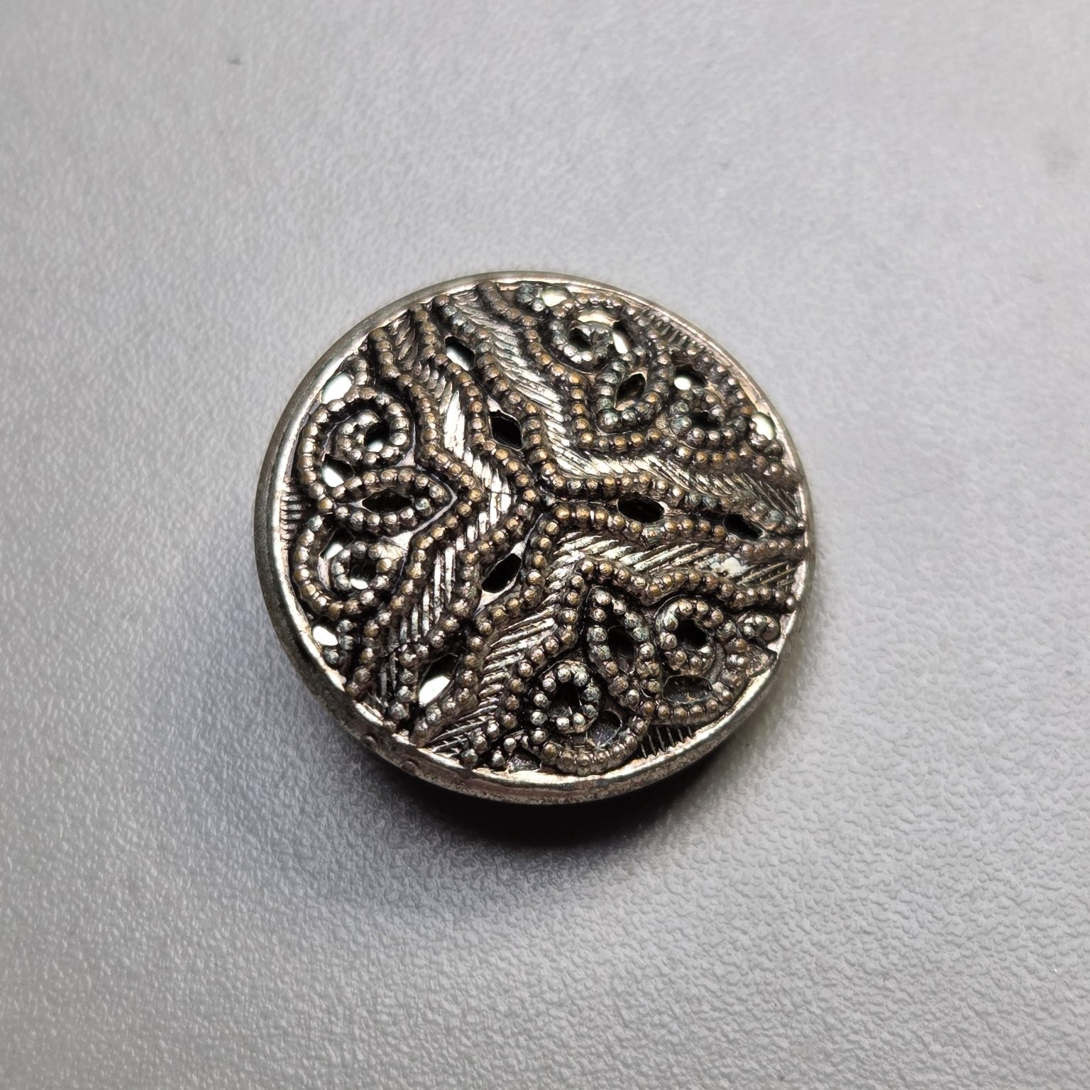 Antique Brass Button Geometric Openwork approx. 11/16 in Self-Shank