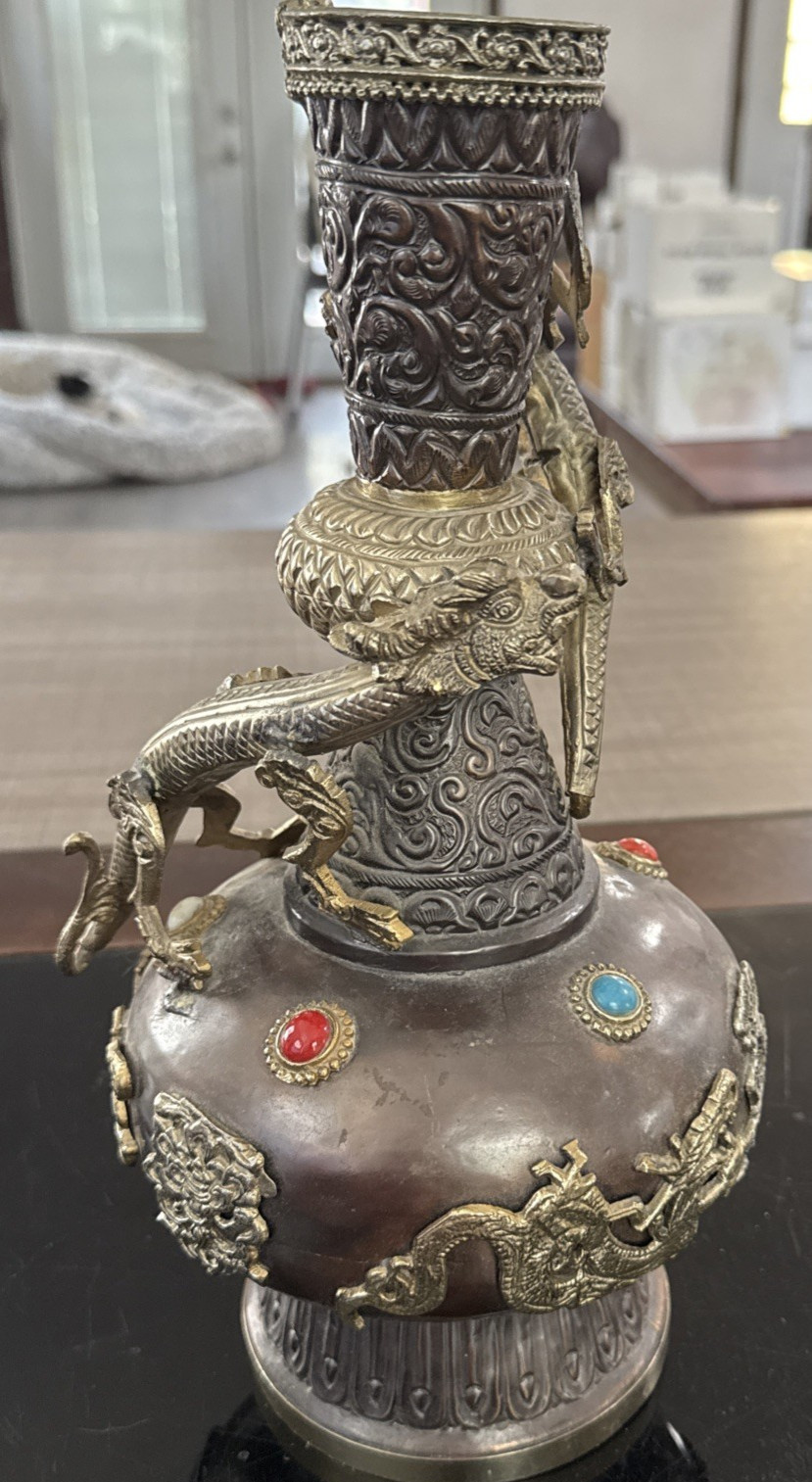 Vintage India Copper & Brass Climbing Dragons Vase w/Glass Stones 13 1/2” tall
