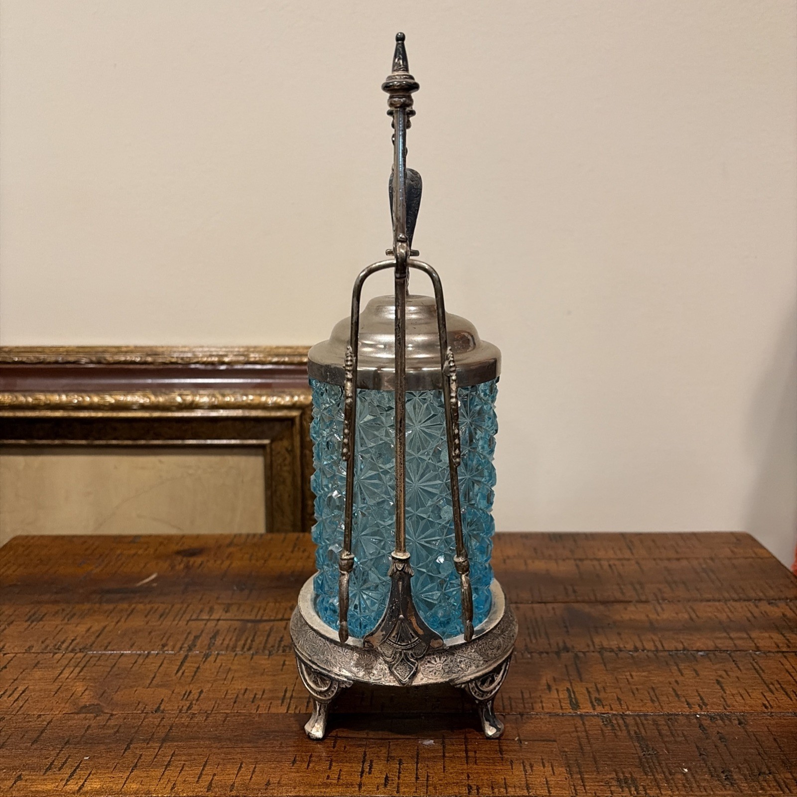 Antique Victorian Pickle Castor W/ Tongs Fork Textured Glass Blue READ DESC