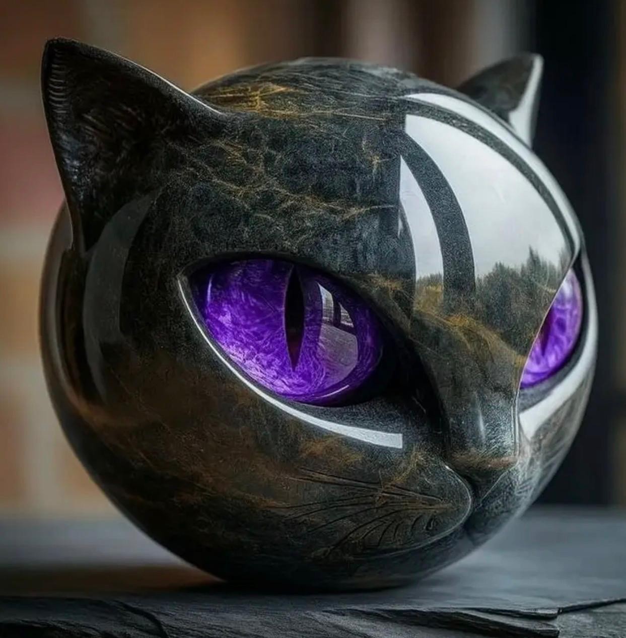 Luxurious Black Cat Obsidian-Resin Sculpture Statue, Hand-Polished Glossy