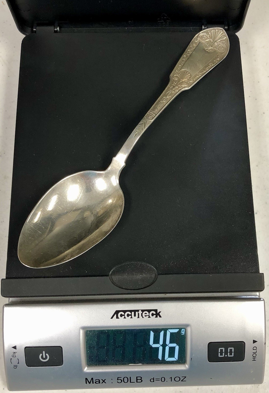 Antique Monogrammed Ornate Handle American Coin Silver Serving Spoon /b