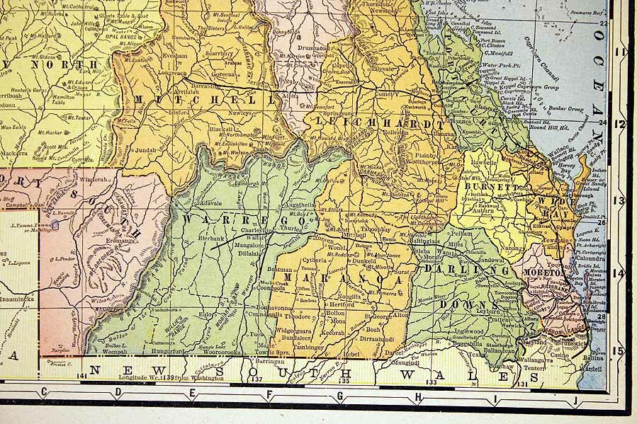 Queensland Australia Antique Color Map 1901 Cram’s 14½” x 22″ New Zealand South