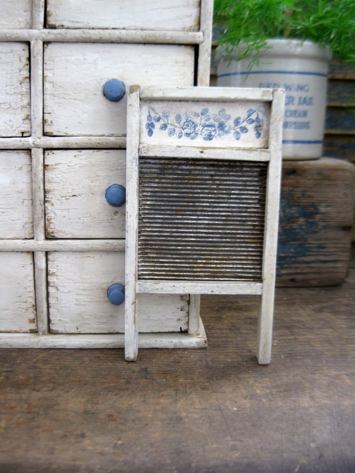 Primitive Antique Wood & Tin Toy Washboard Blue and White Paint Inlay