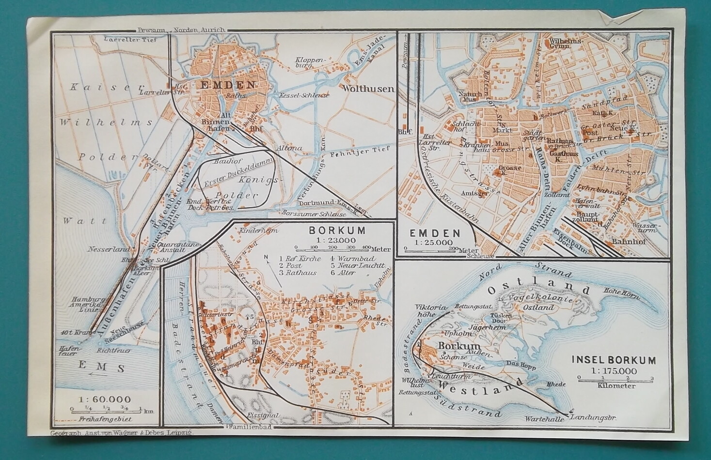 GERMANY Emden Borkum Town Plan & Island – 1912 MAP 4 x 6″ (10 x 15,5 cm)