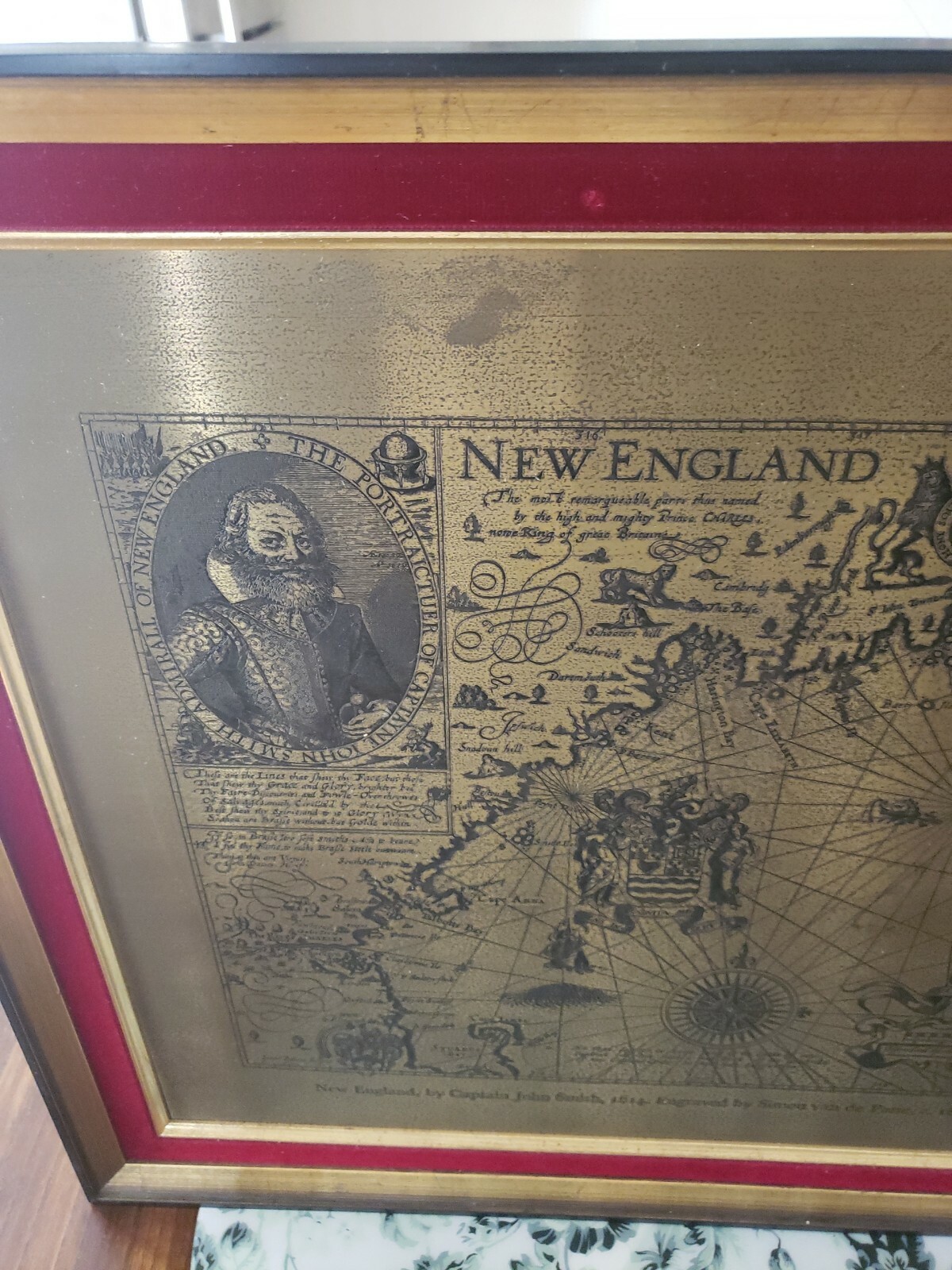 RARE FRAMED COPPER MAP ENGRAVING Style NEW ENGLAND JOHN SMITH 1614