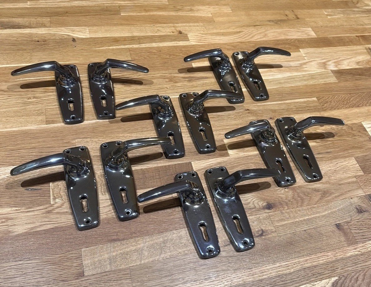 12 x Original Vitreous Enamel Door Handles – Gunmetal Grey -1940-1950’s Art Deco