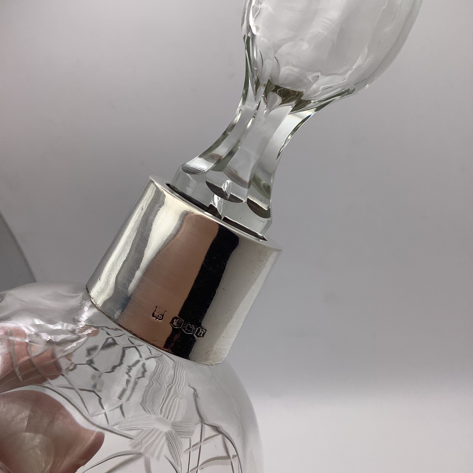 Antique Hallmarked Silver Collared Cut Crystal Glass Decanter James Deakin 32cm