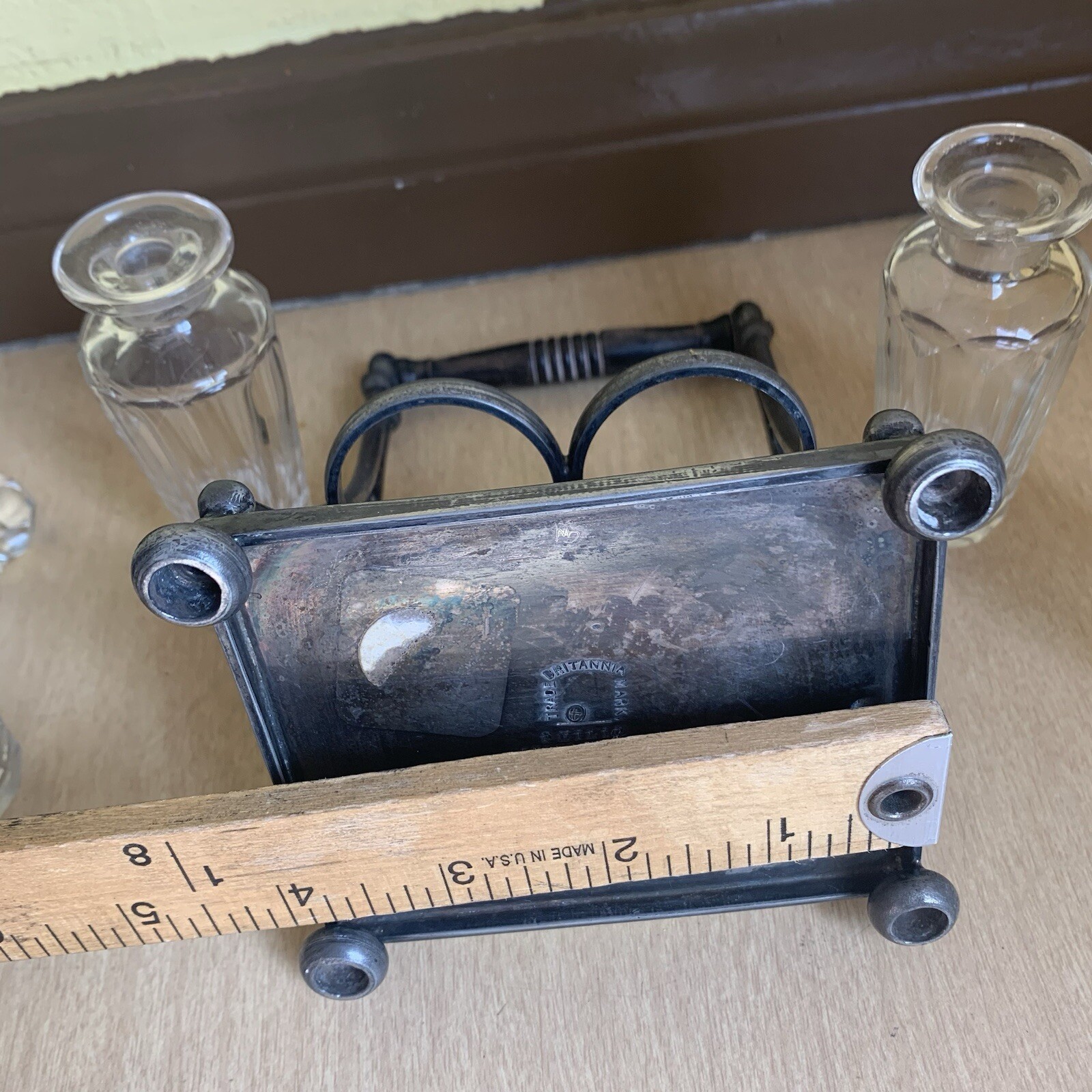 Victorian Castor Set Silverplate 4 Glass Cruets Jars Spoon Ashberry&Sons Antique