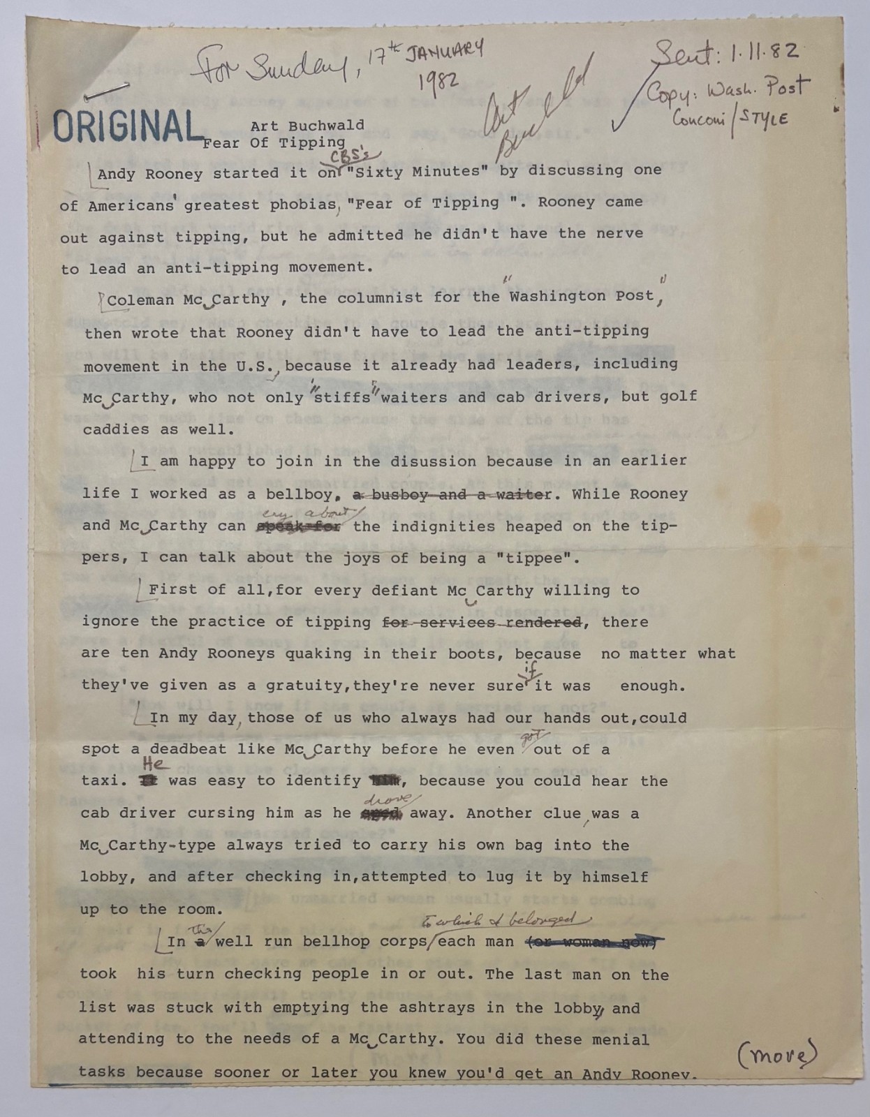 Original ART BUCHWALD ‘Fear of Tipping’ SIGNED Edited w Notes Column MANUSCRIPT