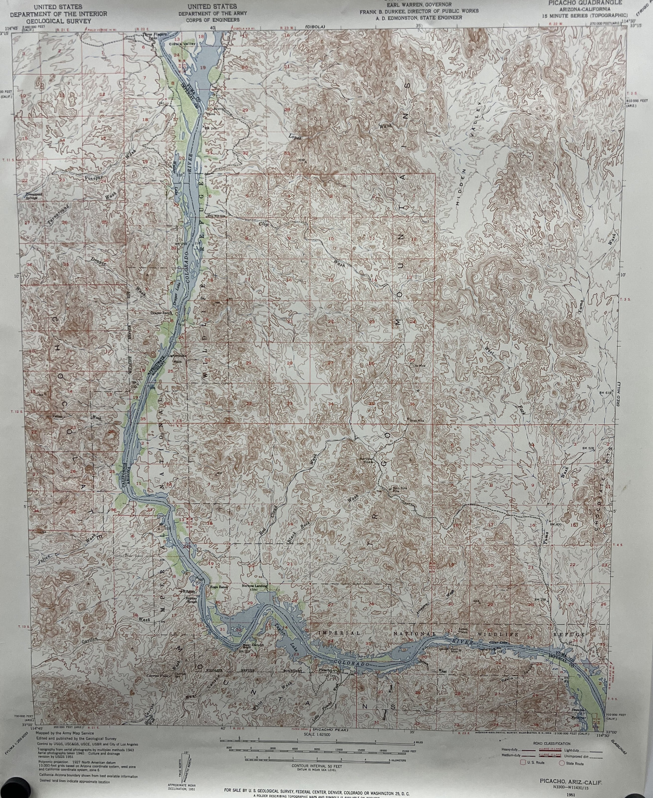 1951 Arizona California PICACHO Quadrangle Topographic Map Mines Trails Roads ++