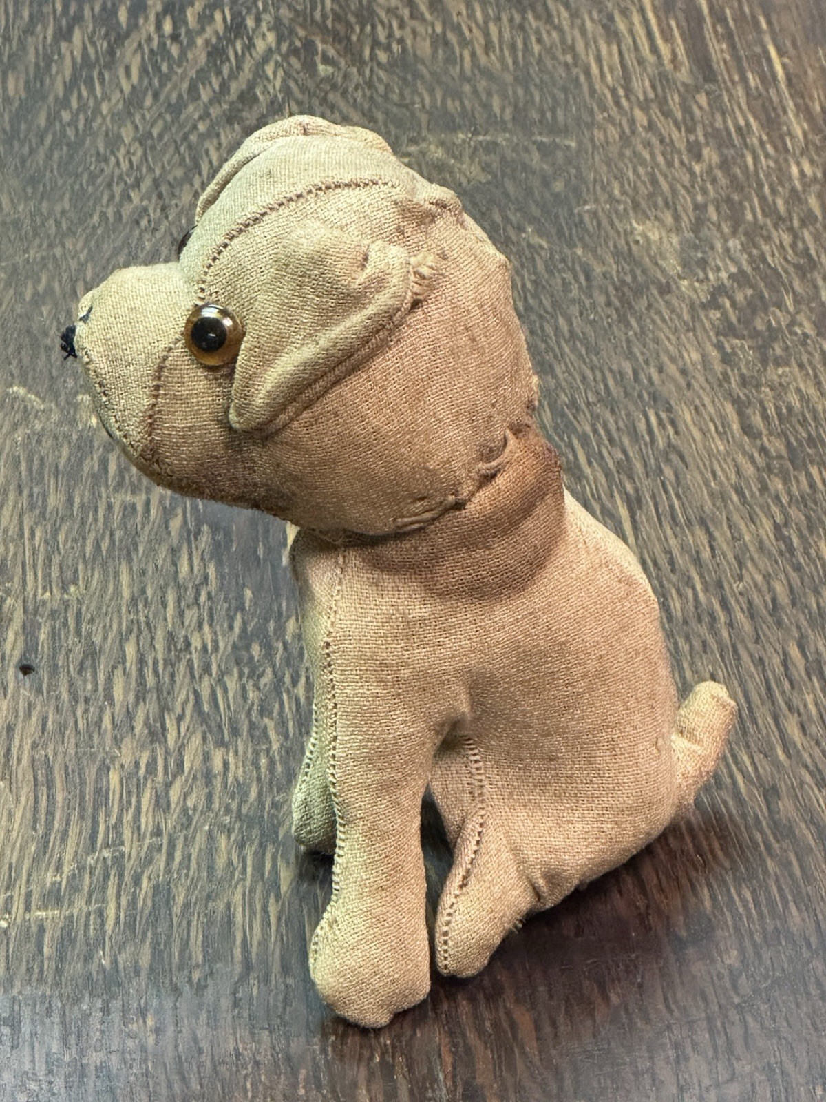 Antique Depression Era, Feed Sack Stuffed Toy Dog, Hand Sewn Rustic