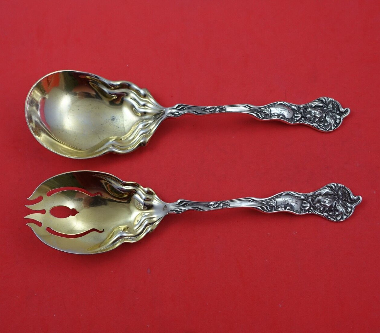 Fiorito by Shiebler Sterling Silver Salad Serving Set 2pc GW w/ Monogram 9 1/4″