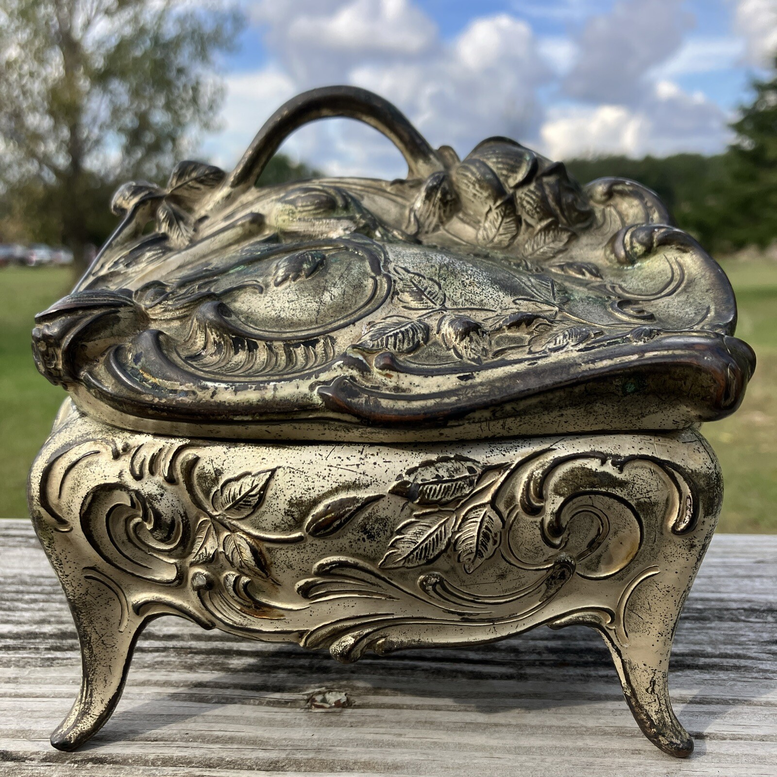 Art Nouveau Footed Metal Jewelry Casket Box 20th Century Floral Leaf Marked 53