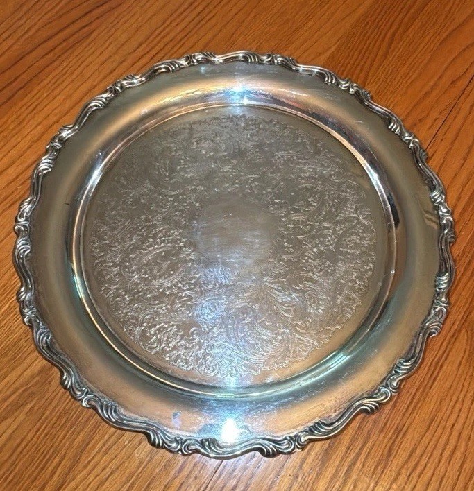 Vintage Oneida USA Silverplate Serving Tray 15” Ornate Floral Engraved Round
