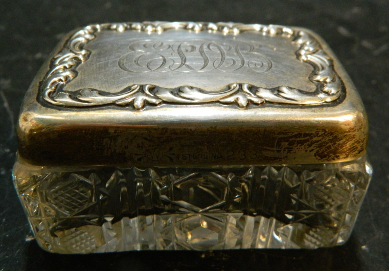 Antique Sterling Silver & Glass Monogrammed Vanity / Trinket Box 1.5″x2.75″x2″