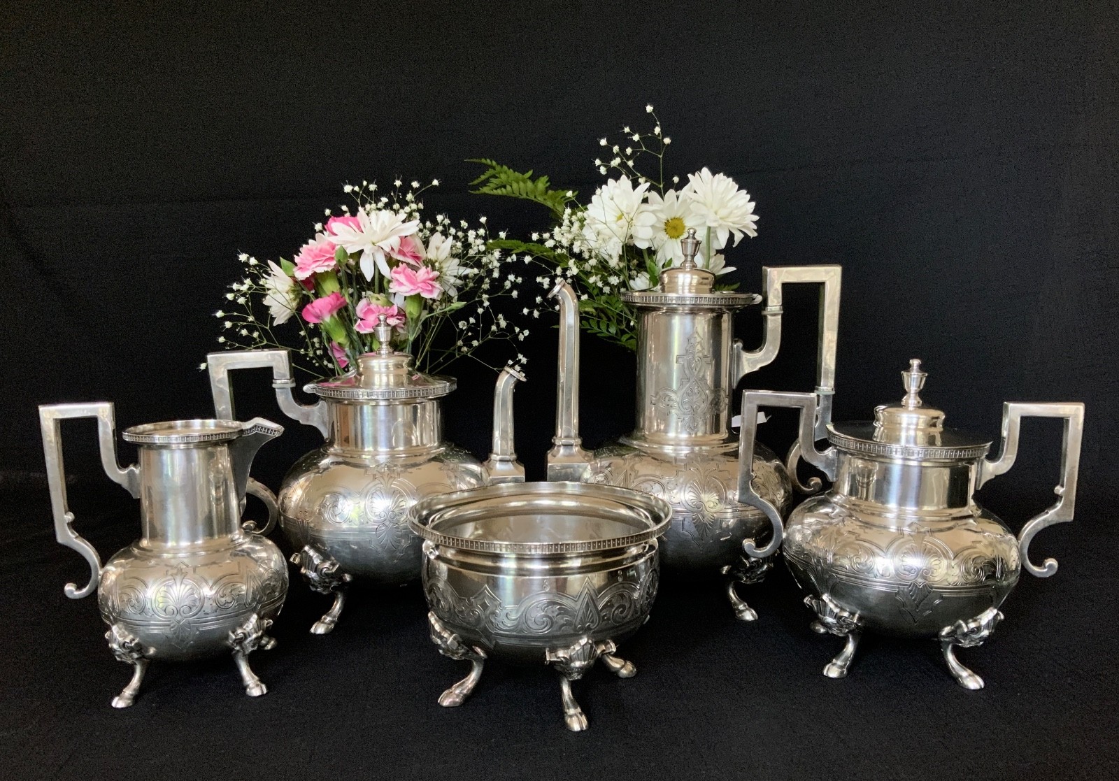 MERIDEN BRITANNIA CO SILVER PLATE COFFEE TEA SET C.1872 AESTHETIC MOVEMENT