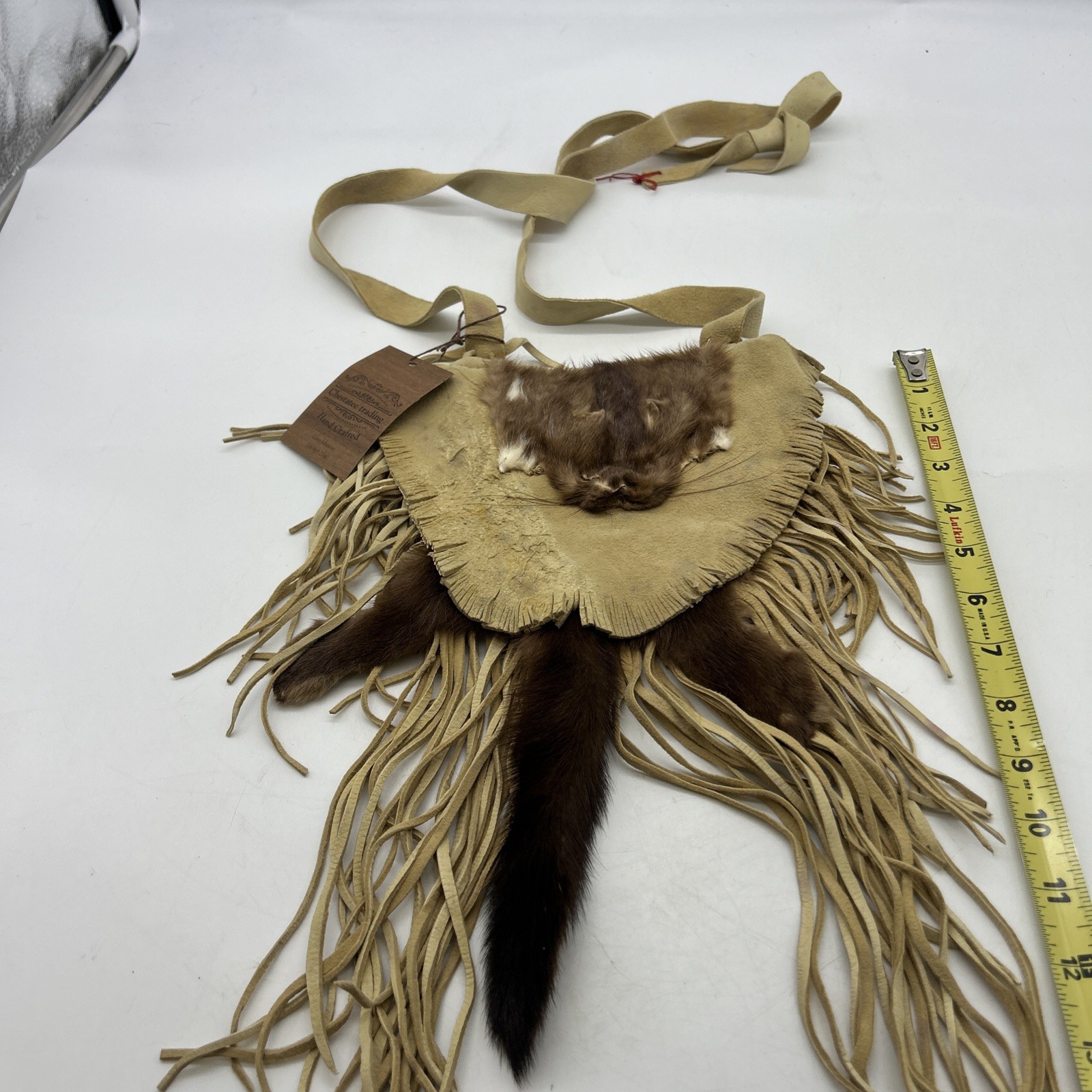 Native American Leather Mink Medicine Pouch Bag with Fringe And Strap