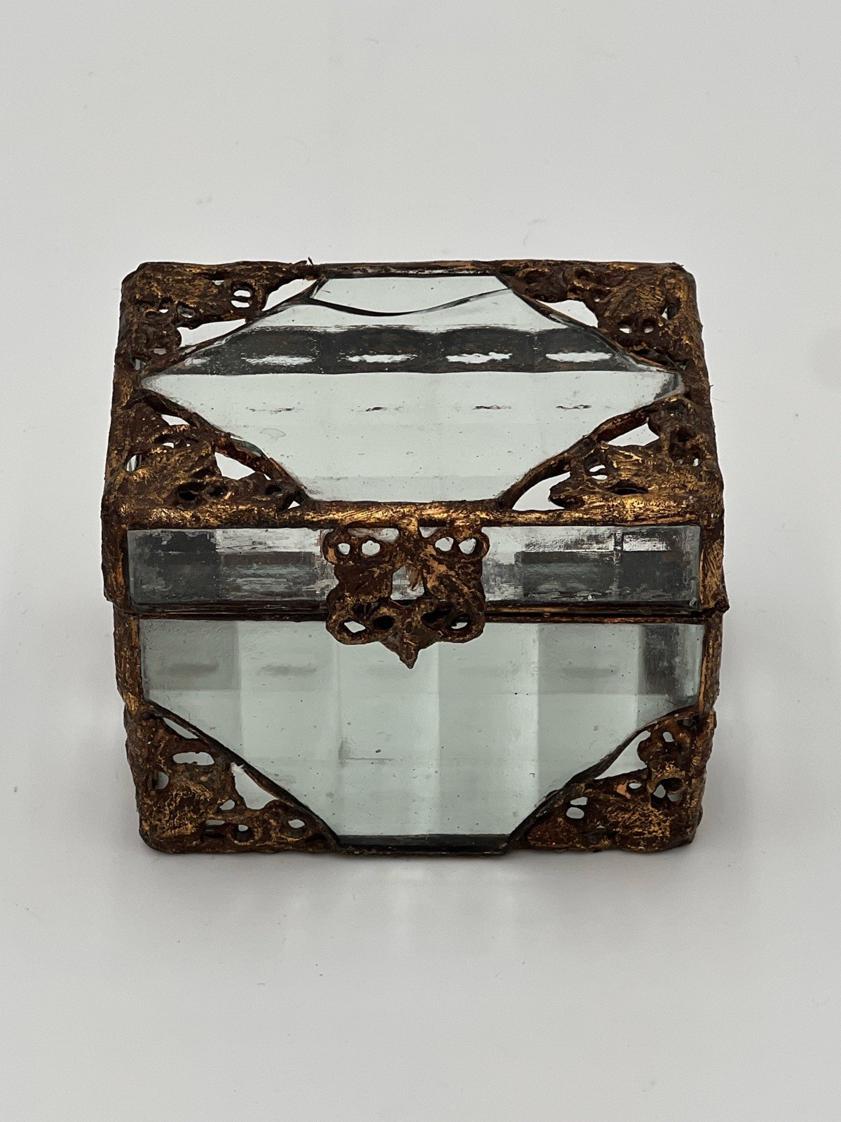 Antique Beveled Glass Trinket Box Gilt Metal Ormolu Jewelry Casket Victorian