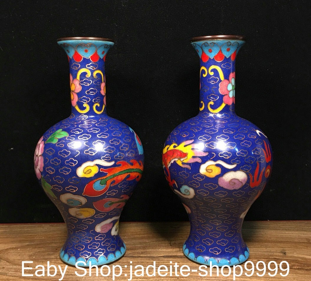 7.2″Qianlong Pure Bronze Cloisonne Enamel Dragon Phoenix Animal Bottle Vase Pair