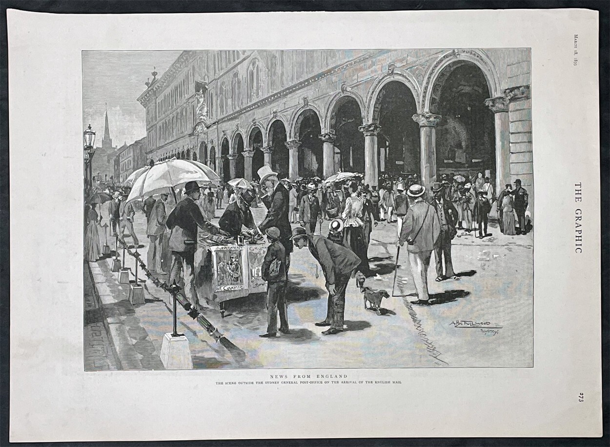 1893 The Graphic Antique Print Waiting for News Outside Sydney Post Office Aust.