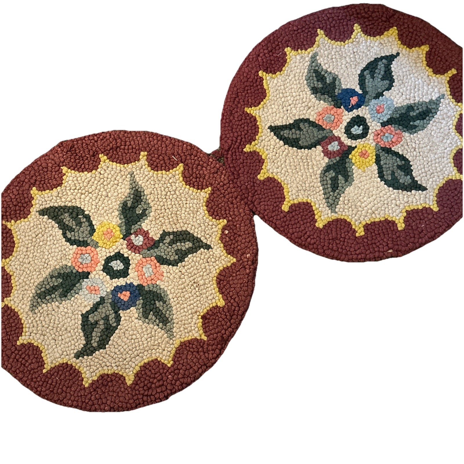 Antique Primitive Hand Hooked 14.25” Handmade PairChair Pad Floral Grandma Core