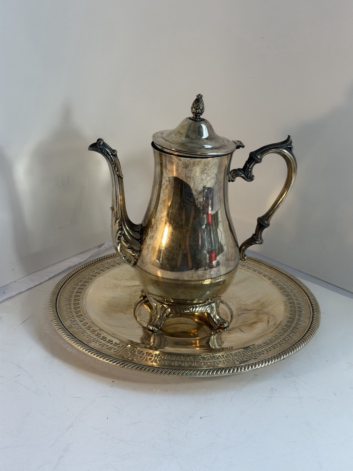 Vintage Leonard Silver Co Coffee Pot & Tray Silverplate Tea Set LSCO Footed #34