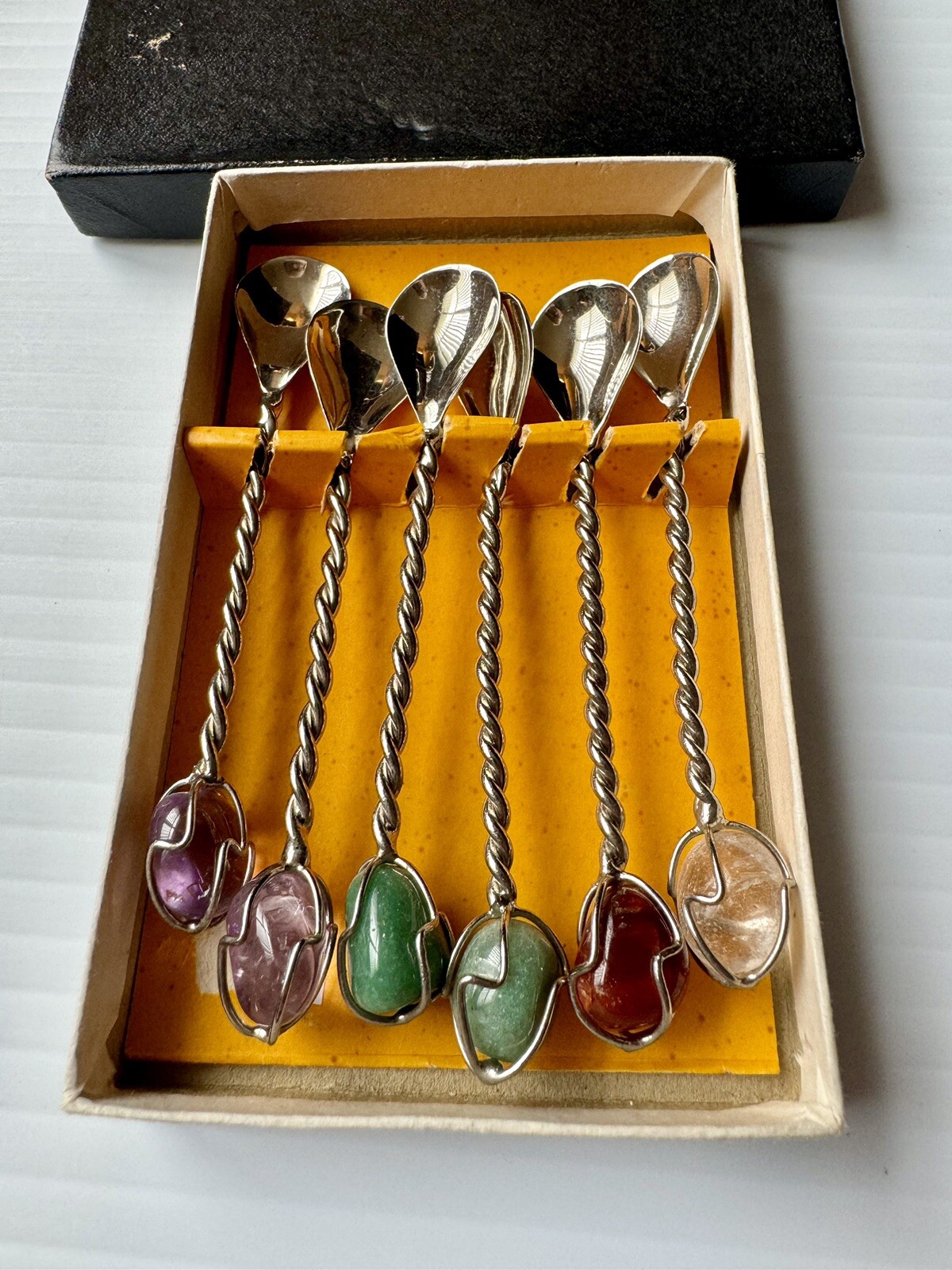 6 Vtg Silver Plate & Agate Stone Teaspoons 3.5” Twisted Handle Original Box