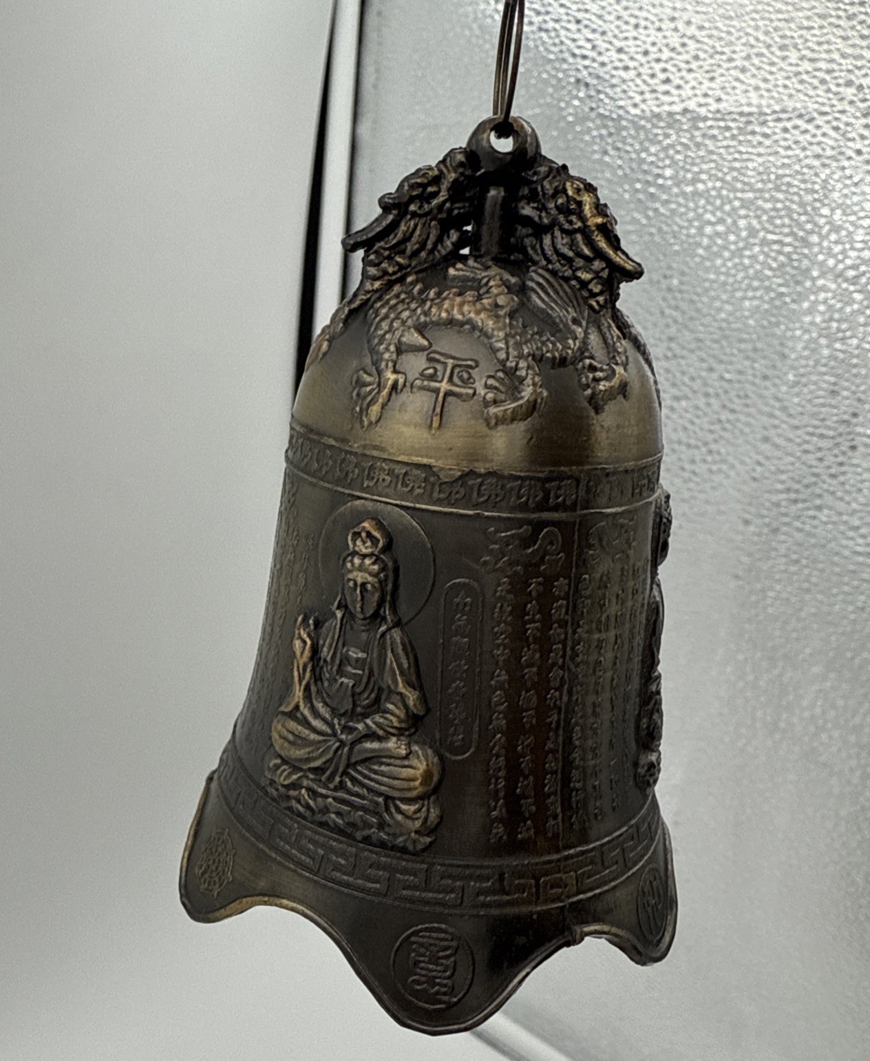 Bronze Buddhist Temple Bell Dragon & Buddha Relief Asian Hanging Wind Chime