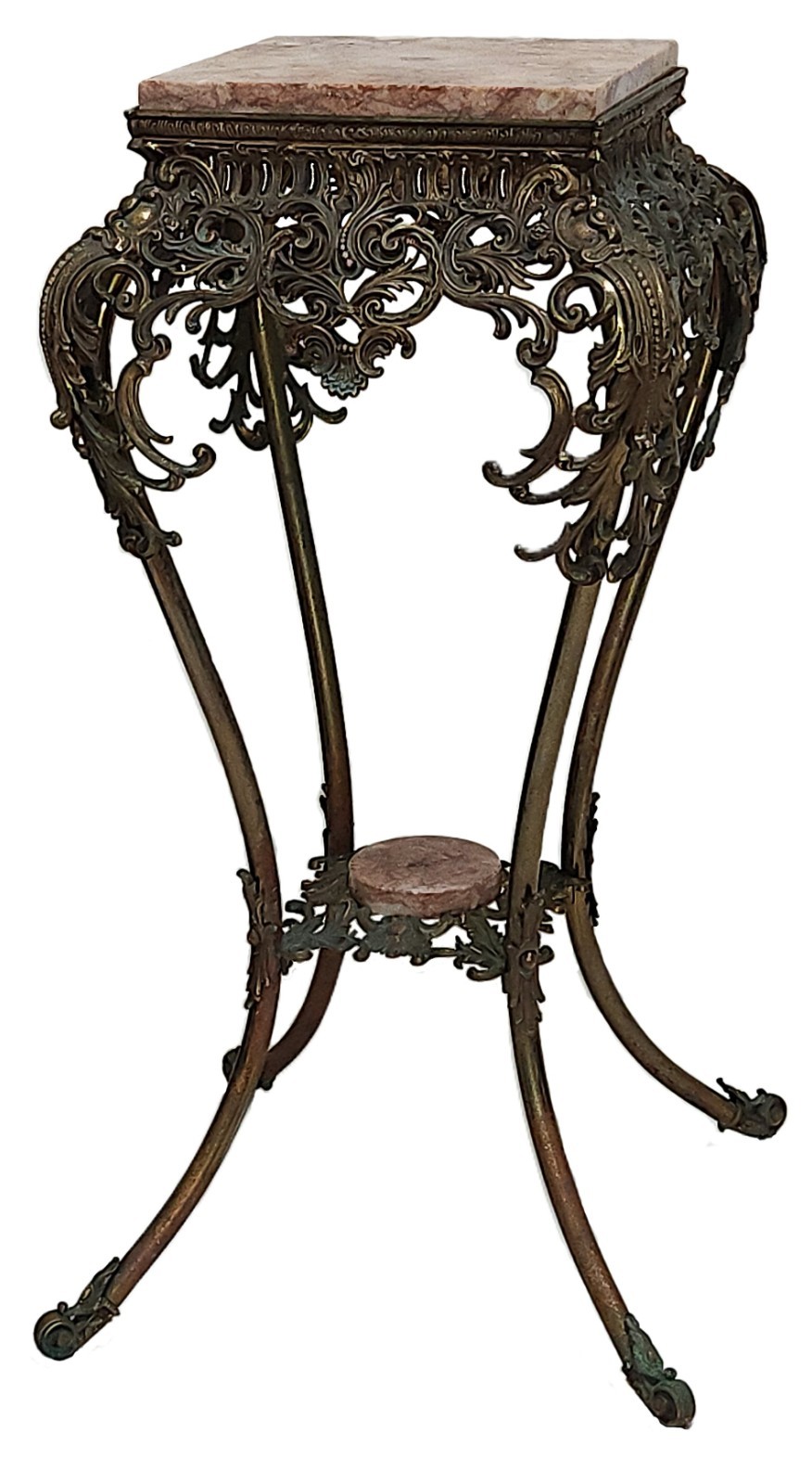 Antique Plant Stand, PEDESTAL, heavy solid Brass, c1890 Rococo Victorian, 33″t