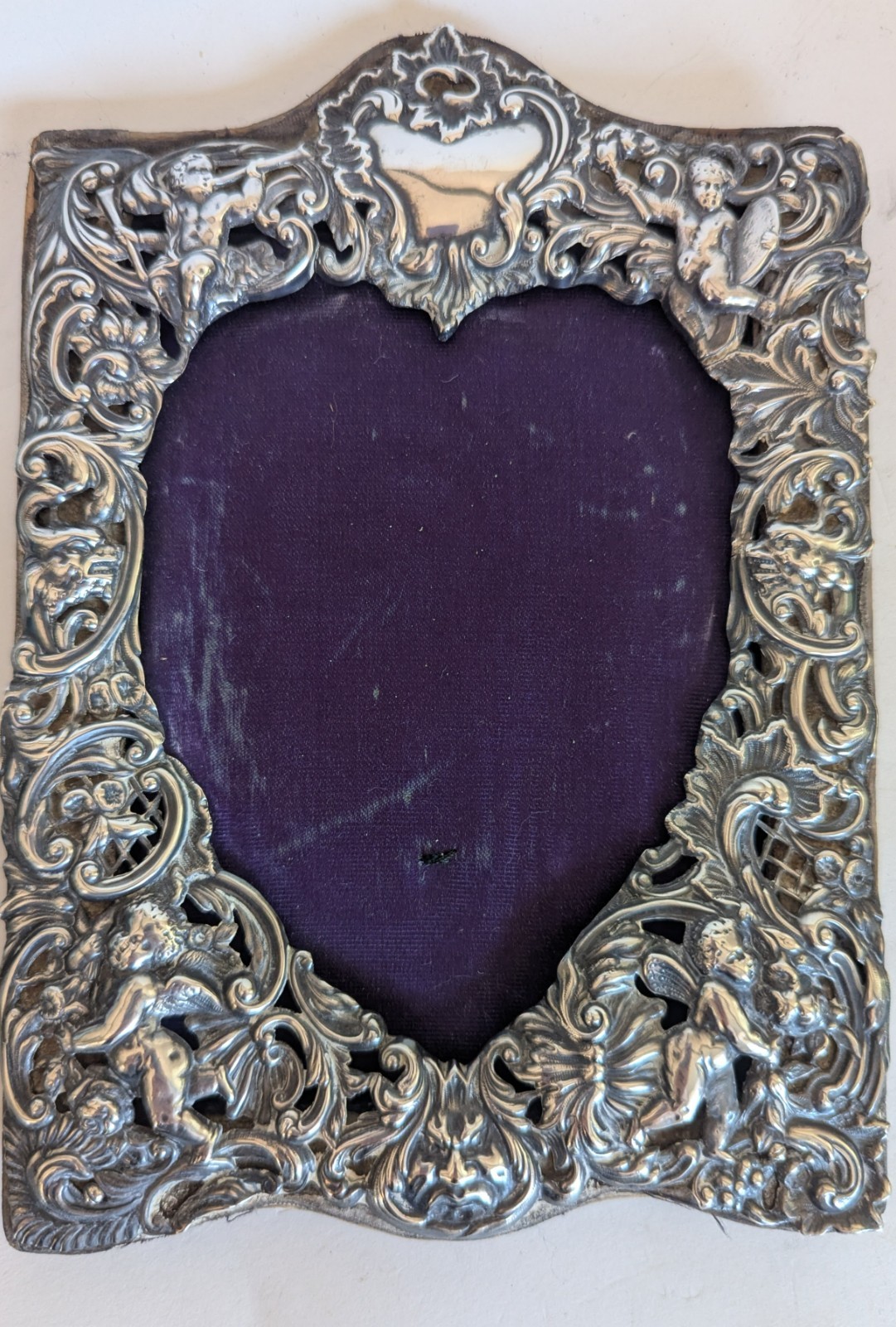 Victorian Sterling Silver Repousse Photo Frame Cherubs Heart British Hallmarks