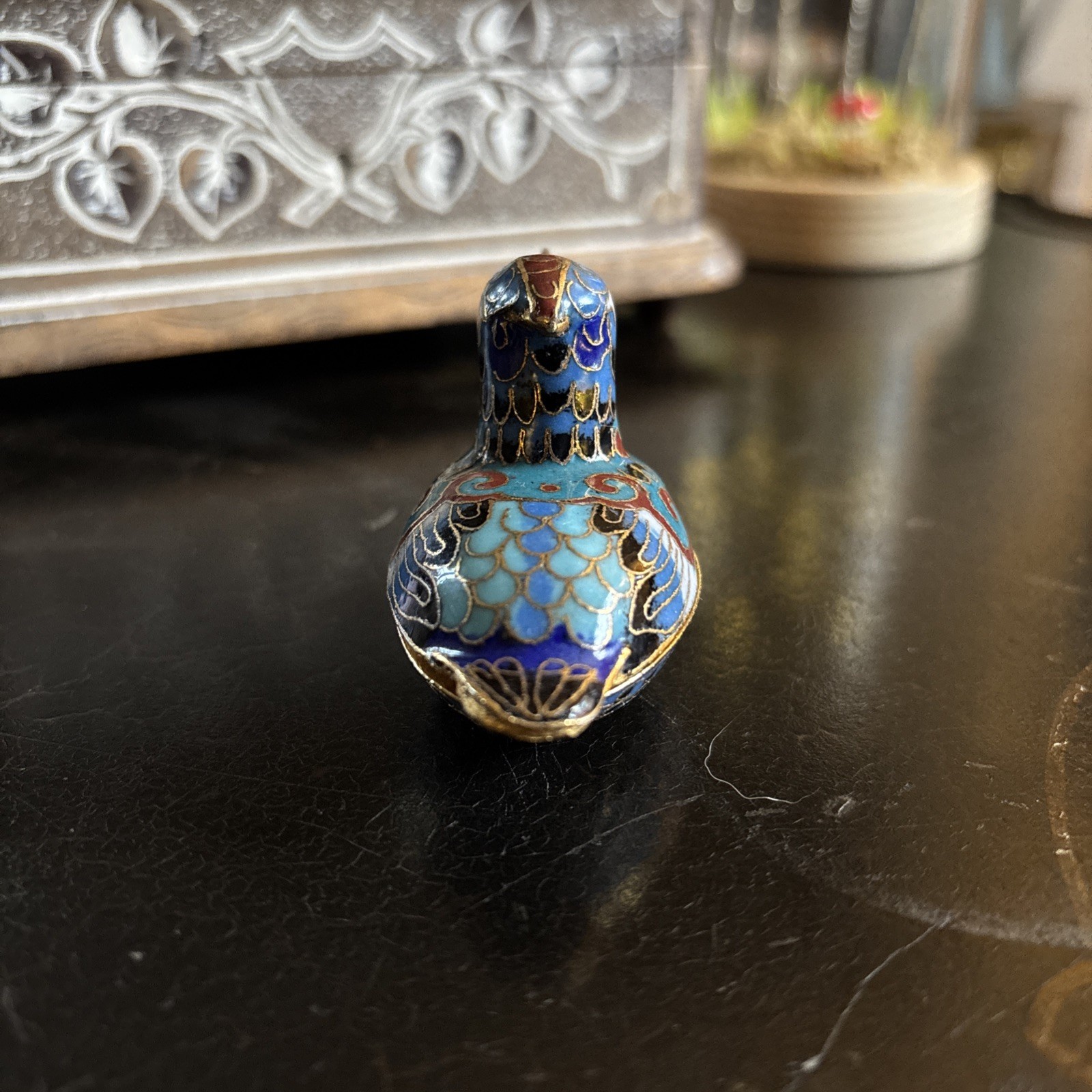 Chinese Cloisonne Blue Red And Gold Coloured Bird Trinket – Collectible Vintage