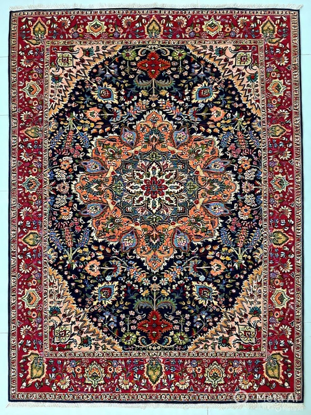 Hand Knotted 7×9 Wool Area Rug Navy Red Vintage Oriental Carpet Traditional