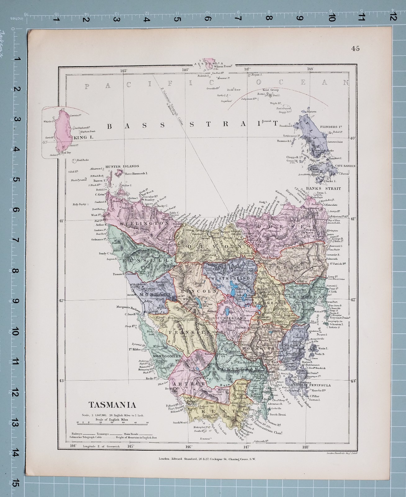 STANFORD’S 1889 HAND COLOURED MAP TASMANIA WESTMORLAND DEVON LINCOLN ARTHUR