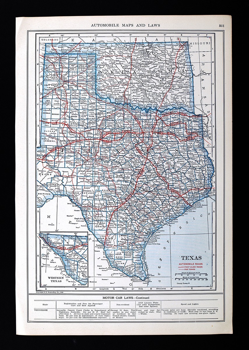 1919 Auto Road Map Texas Oklahoma City Tulsa Austin Dallas Houston San Antonio