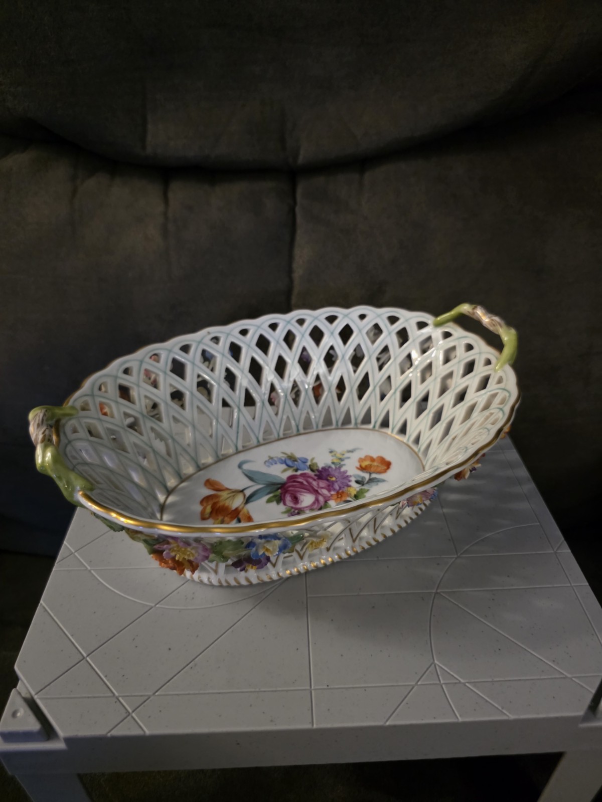 Rare CARL THIEME DRESDEN RETICULATED LATTICE APPLIED FLOWERS BASKET