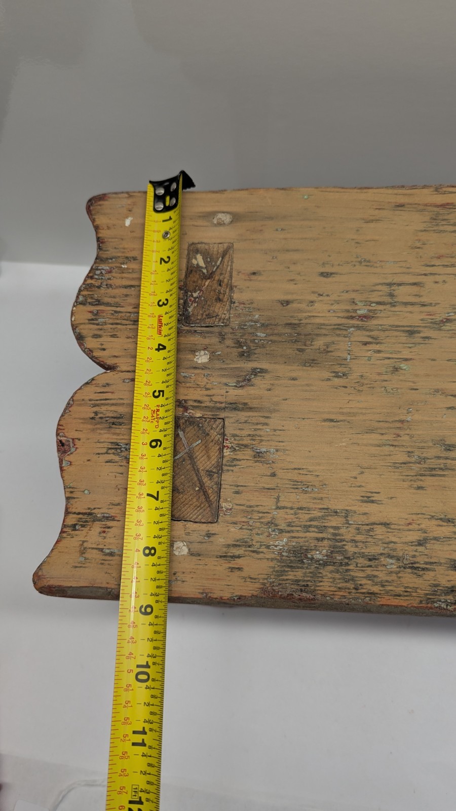 Antique Charming early American pine footstool in red Green wash bootjack ends