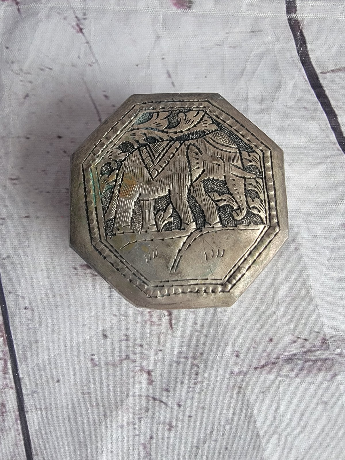 Elephant Silver Tone Metal trinket or large vanity pill box Made In Cambodia