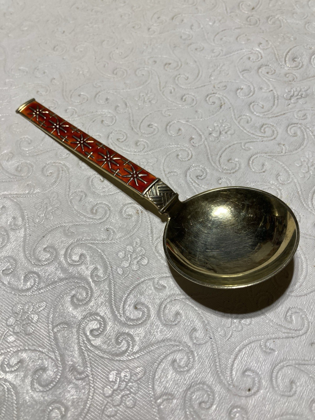 J. TOSTRUP 925S Norway Red Enamel Spoon Starburst Motif 5.25″ Round Bowl Gilded