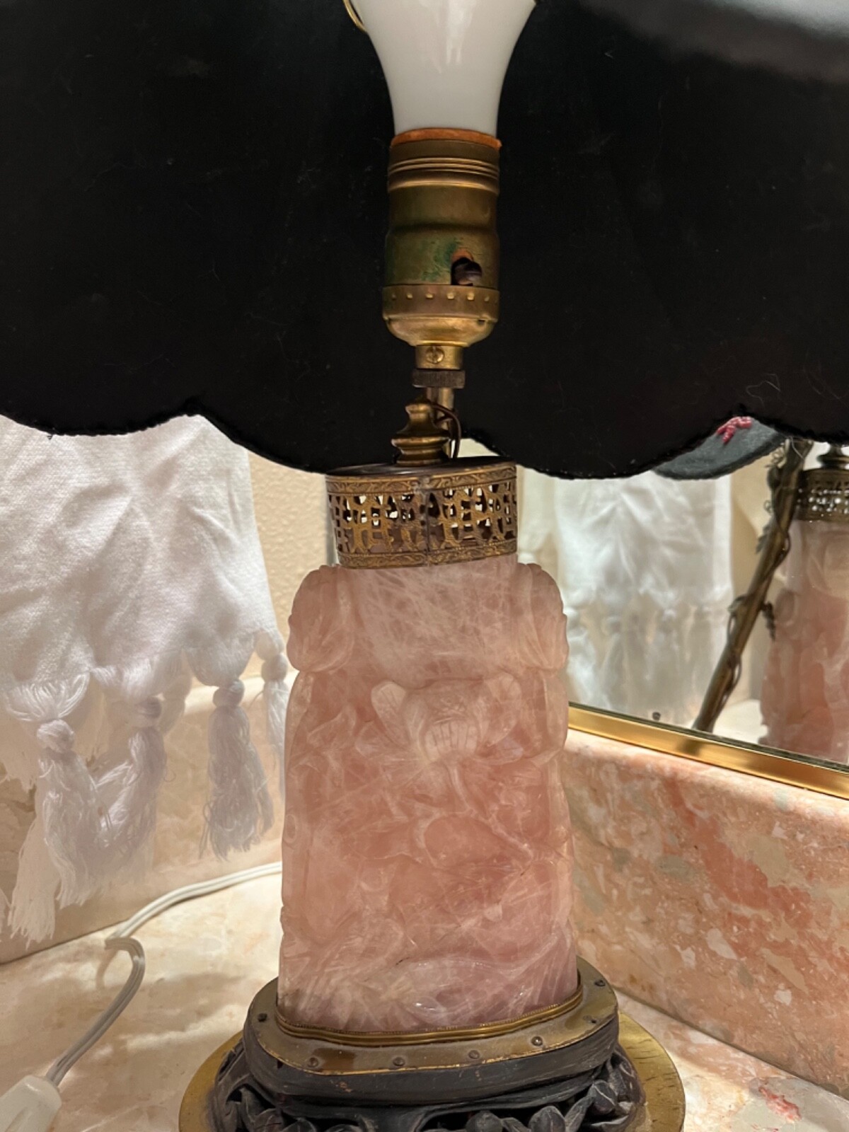 Antique rose quartz carved lamp with beaded shade. Rewired works great. Finial.