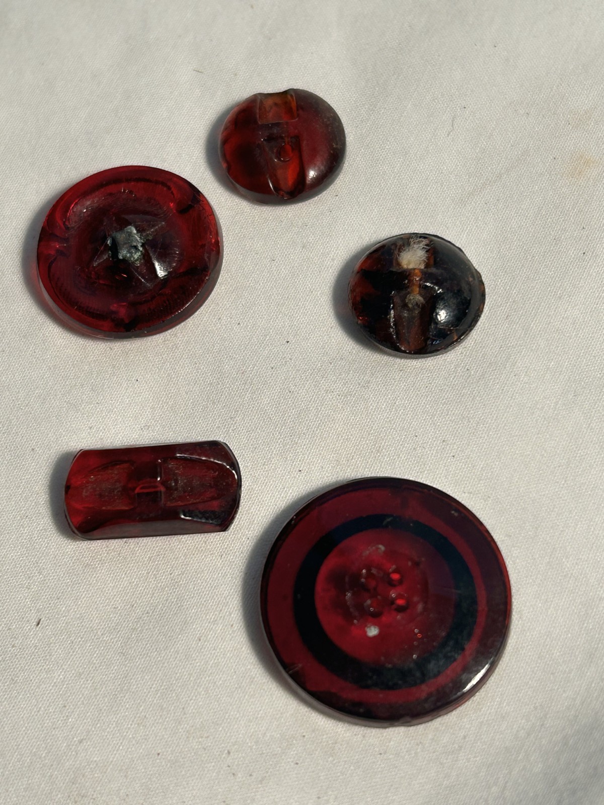 Vintage Sewing Buttons ~ Ruby Red and Gold Glass ~ Set of six total
