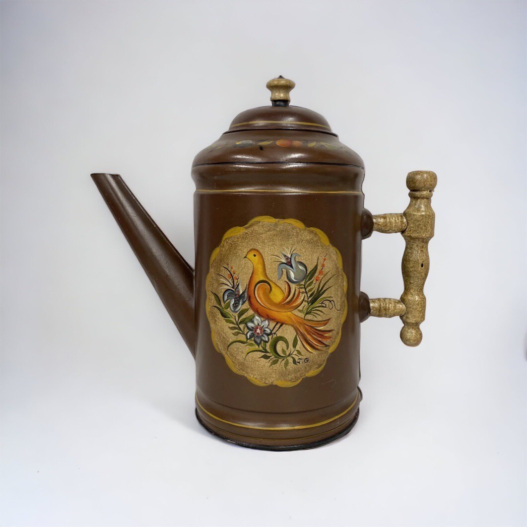 Vtg Metal Coffee Tea Pot lid Hand Painted Brown Bird Signed Toleware – Read