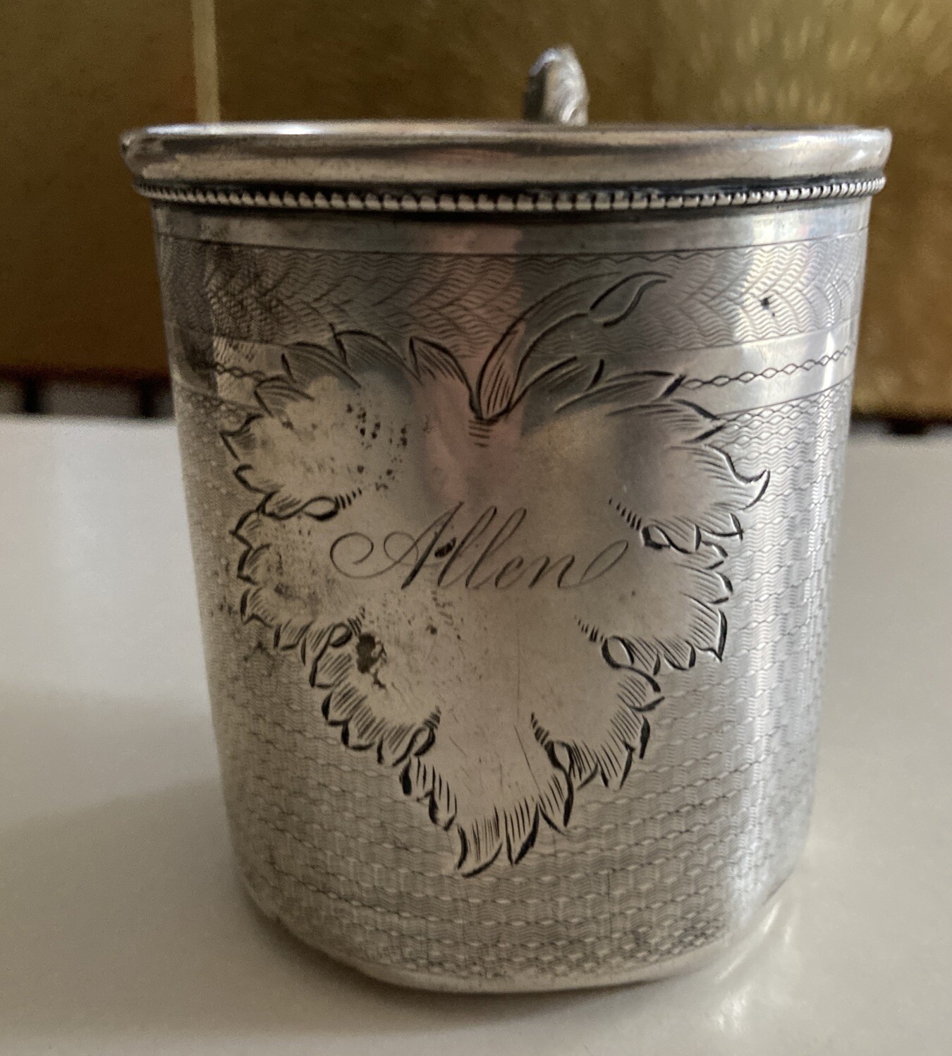 Antique American Coin Silver Maple Leaf Handle Cup S Hammond Co Utica NY