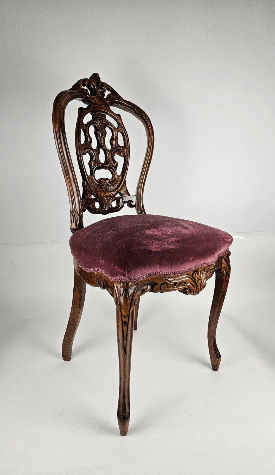 Vintage Carved Mahogany Wood Side Chair Ornate Detailed Maroon Decorative Seat