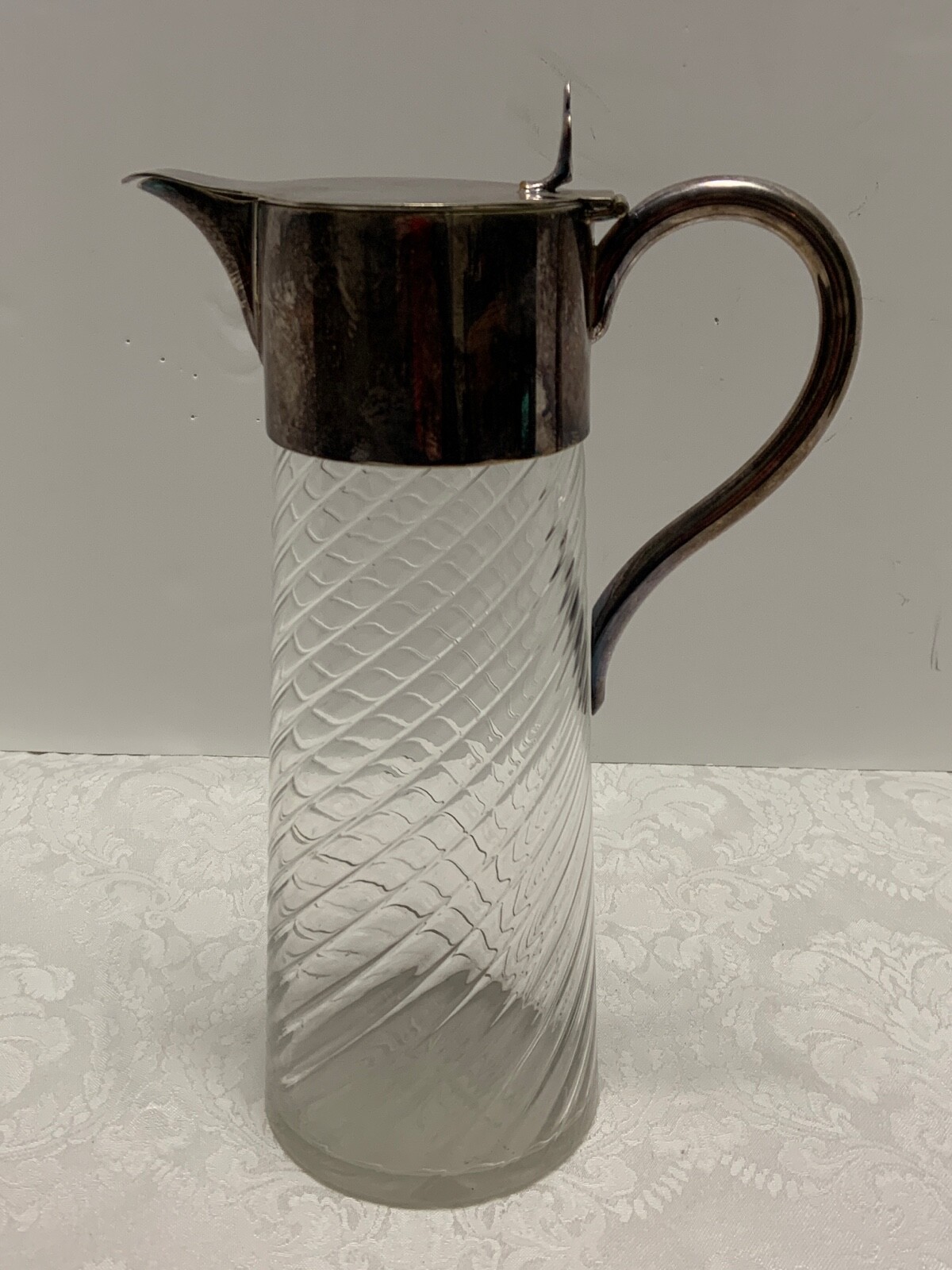 Swirl Glass Water Wine PITCHER Claret Jug Silver Plated Thumb Lift Lid & Handle